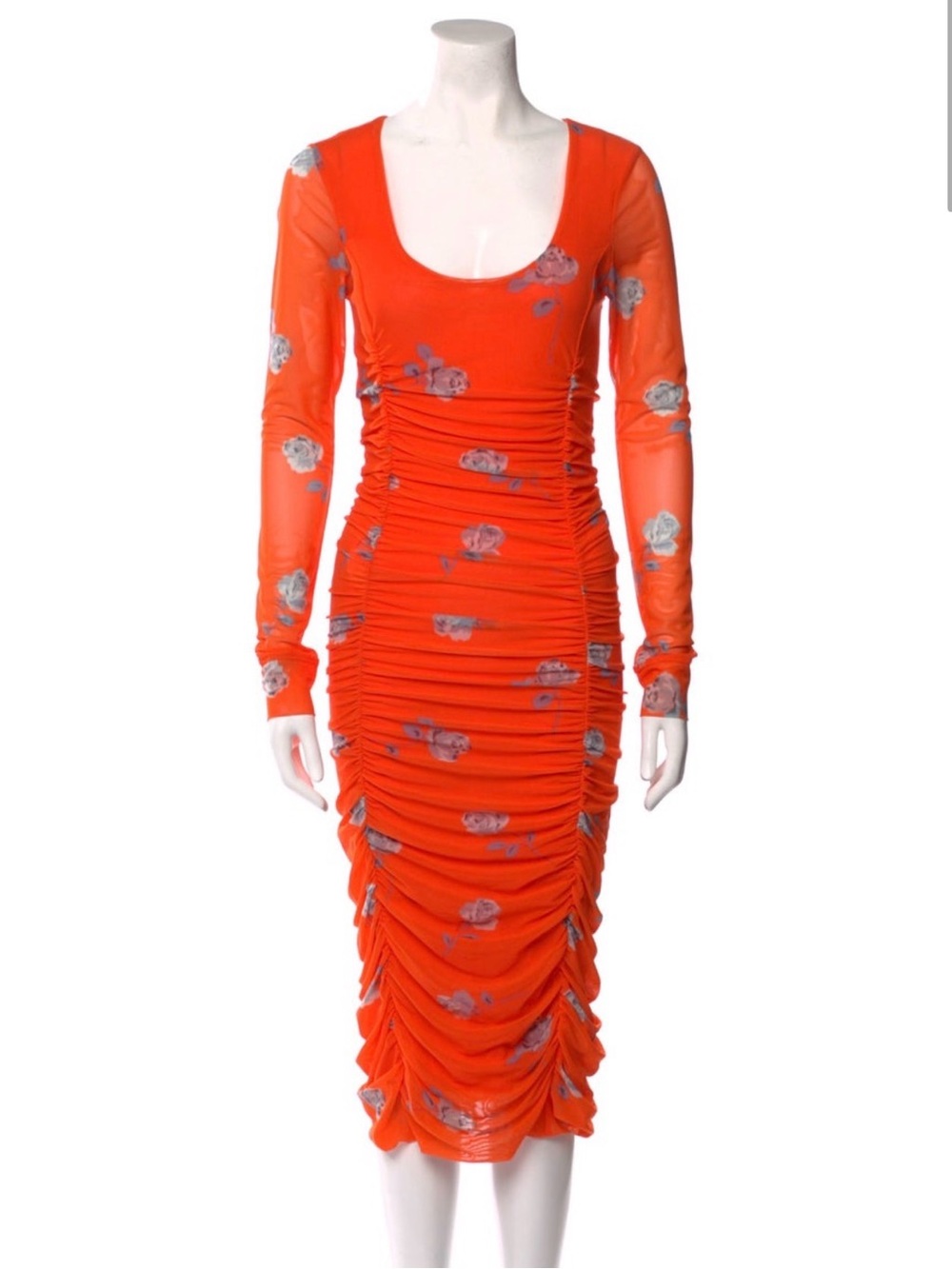 Gunni Scoop Neck Long Sleeve Ruched Midi Dress in Bright Orange Bodycon